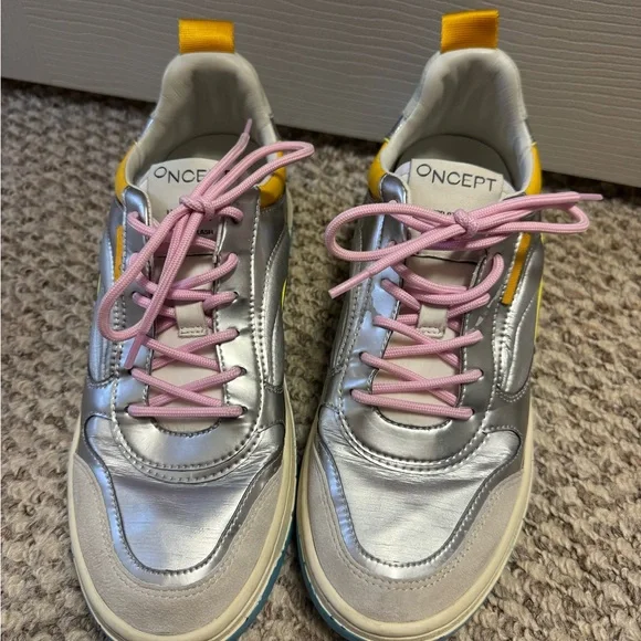 ONCEPT Silver Metallic Sneakers with Pink Laces & Yellow Accents - Picture 2 of 7